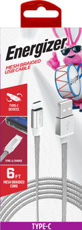 Energizer 6ft USB-C to USB-C Cable – Flat Mesh Braided Fast Charging Cord (White)