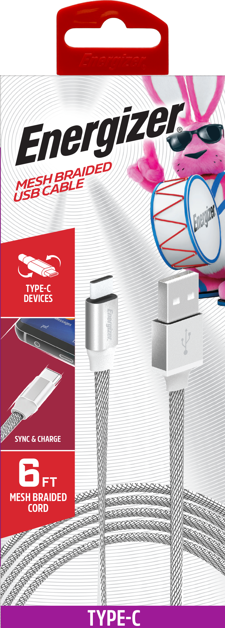 Energizer 6ft USB-C to USB-C Cable – Flat Mesh Braided Fast Charging Cord (White)