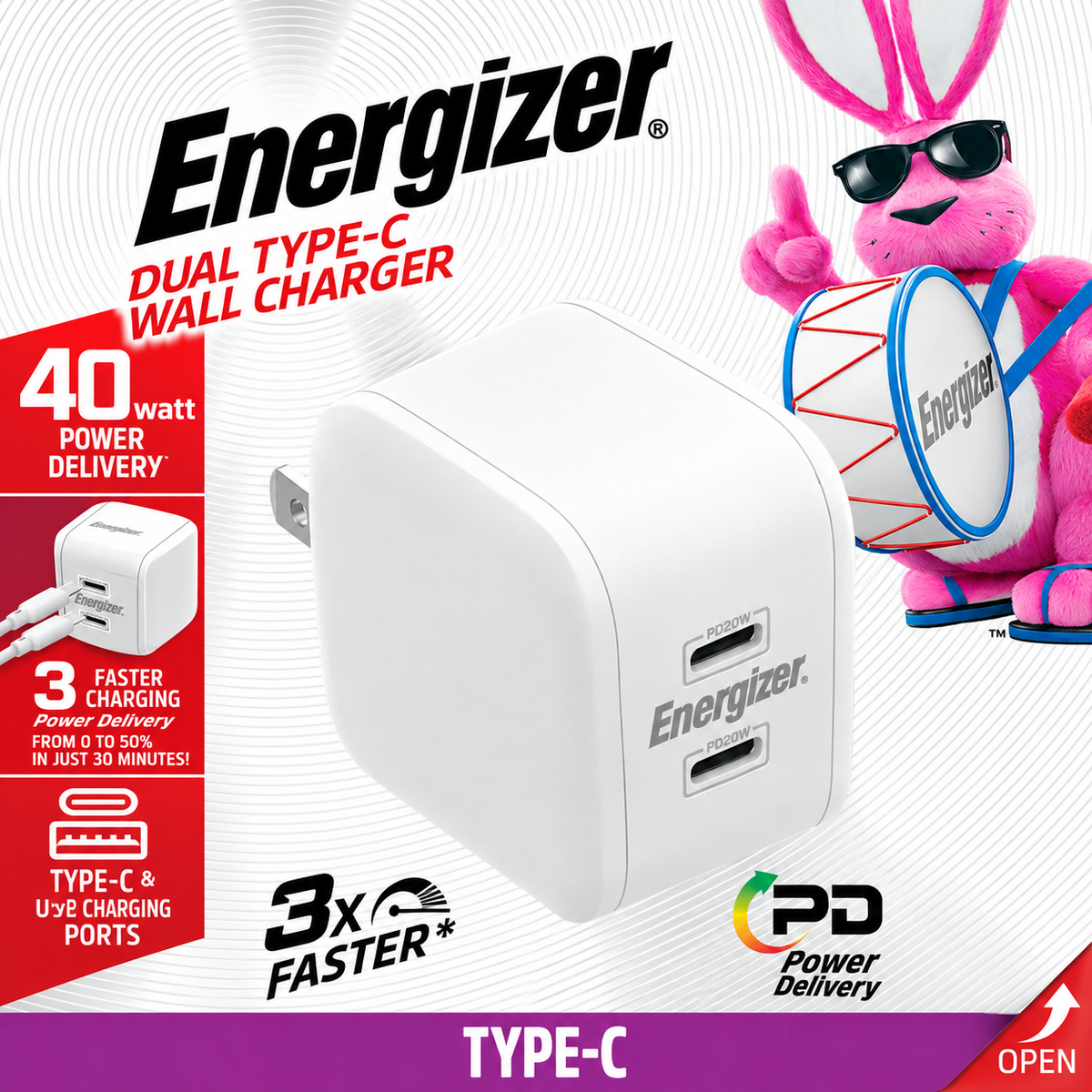 Energizer 40W Dual USB-C Wall Charger – Two-Port PD Fast Charger for iPhone, Galaxy & iPad