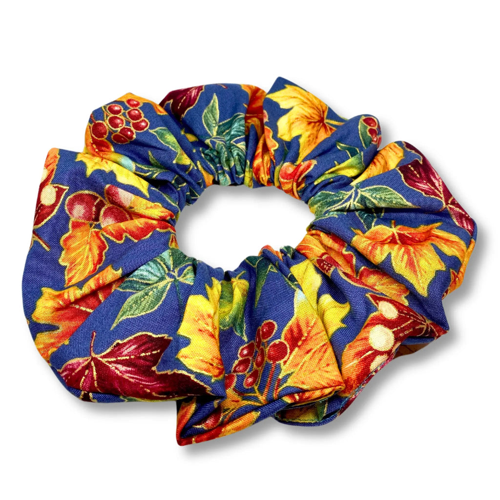 Navy Metallic Leaves Fall Scrunchie