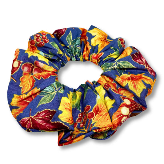 Navy Metallic Leaves Fall Scrunchie