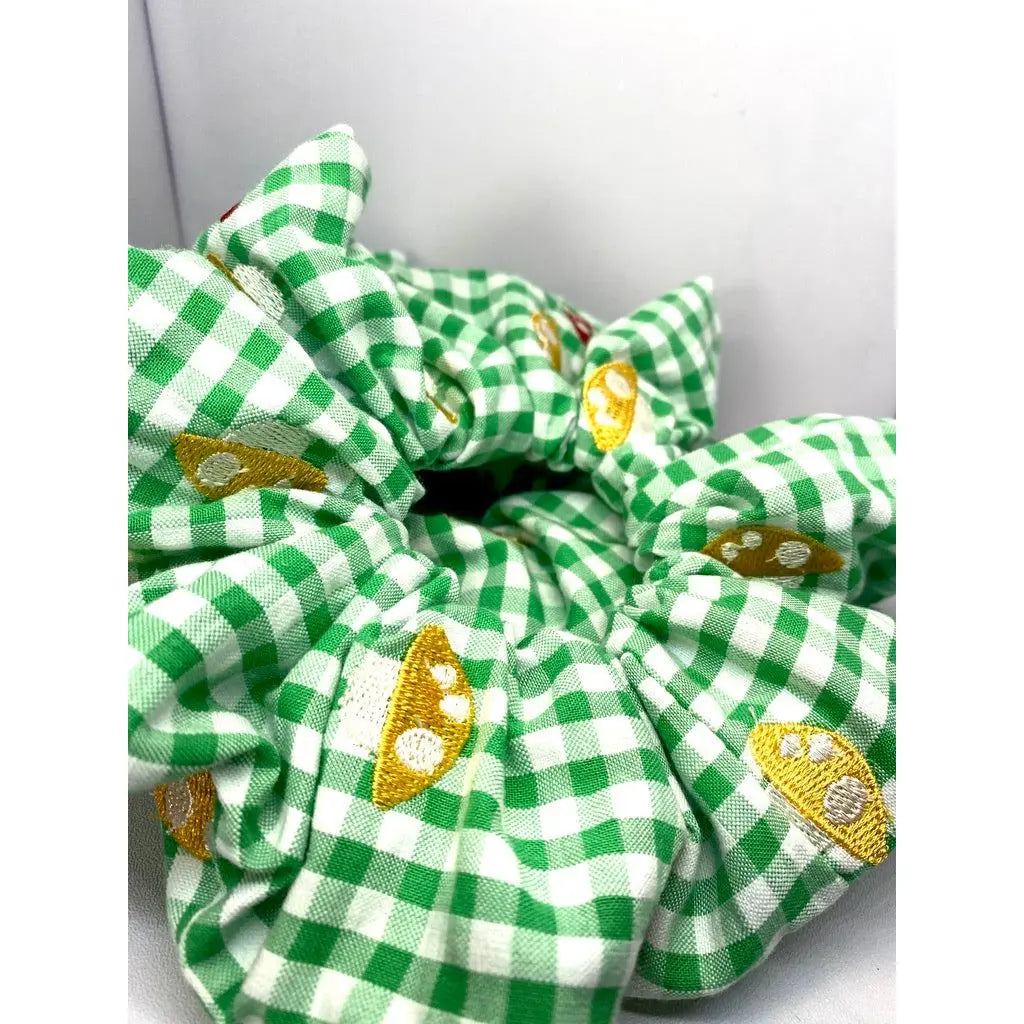 Green Plaid Mushroom Scrunchie