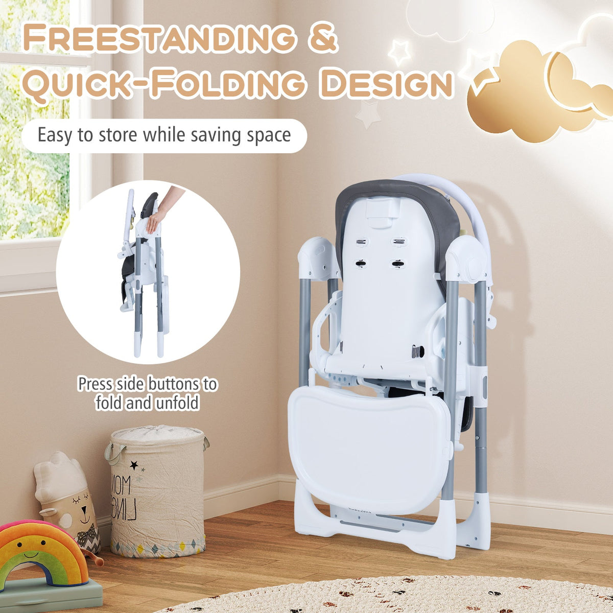 Foldable Baby High Chair with Adjustable Height and Relining Seat