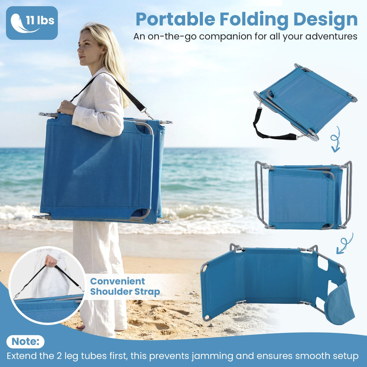 Folding Beach Lounge Chair with Adjustable Backrest for Lawn
