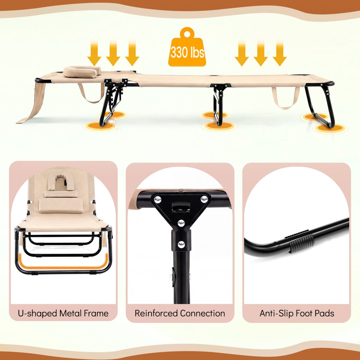 Folding Face Down Tanning Chair with Face Hole 3 Removable Pillows
