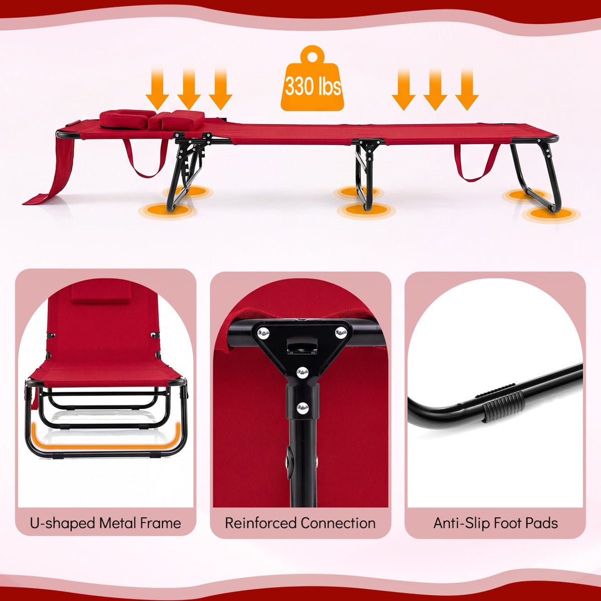 Folding Face Down Tanning Chair with Face Hole 3 Removable Pillows