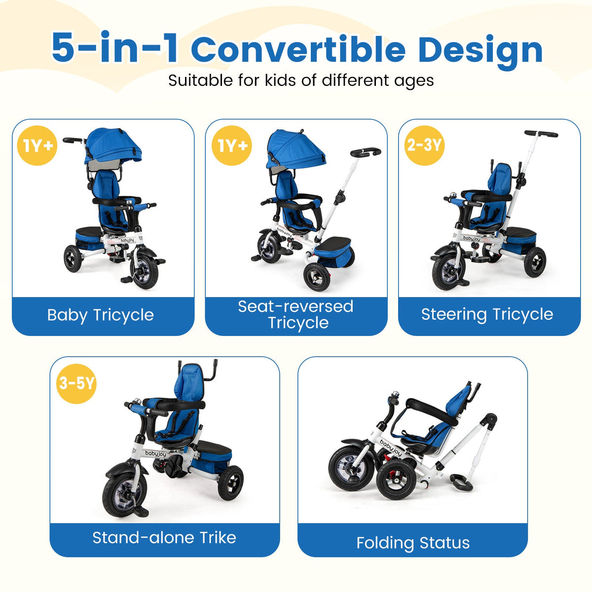 Folding Tricycle Baby Stroller with Reversible Seat and Adjustable Canopy