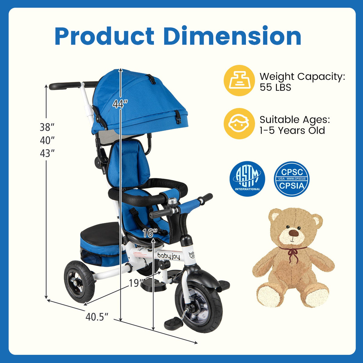 Folding Tricycle Baby Stroller with Reversible Seat and Adjustable Canopy