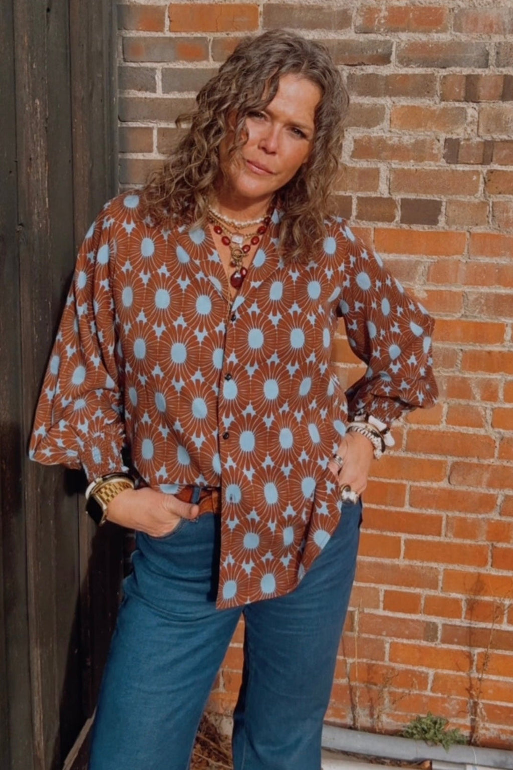 Blue Highway Retro Floral Balloon Sleeve Blouse