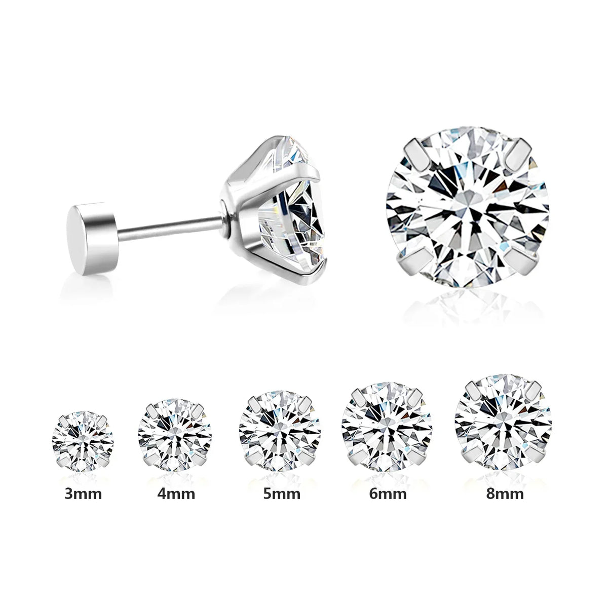 LUXUSTEEL Stainless Steel Round Cubic Zirconia Stud Earrings | Silver Screw-Back Earrings for Women
