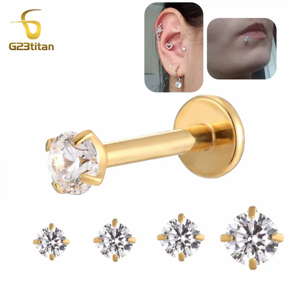 Labret Lip Stud 16G | Titanium CZ Piercing Jewelry for Sensitive Skin