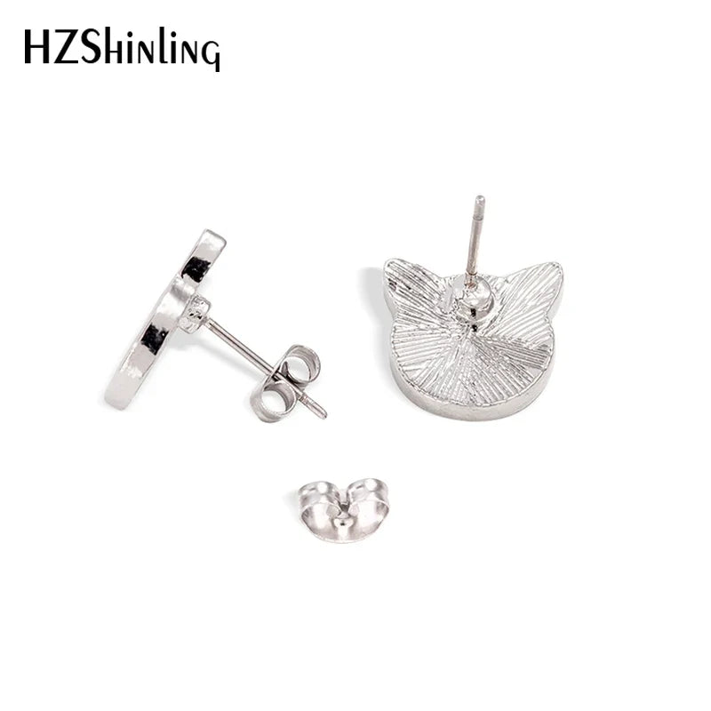 Lovely Cat Face Stud Earrings | Handmade Glass Dome Photo Printed Jewelry for Women