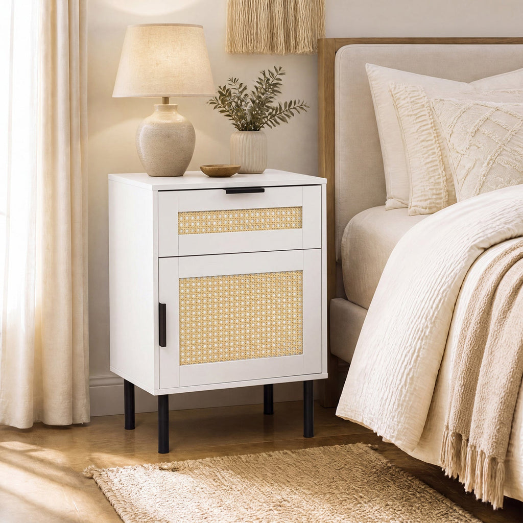 Rattan Nightstand with Drawer and Storage Cabinet