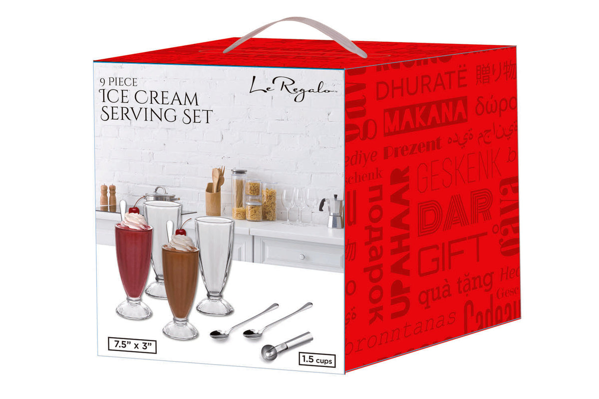 Le Regalo 9 Piece Ice Cream Set – Sundae Glasses, Scoop and Spoons Dessert Serving Kit