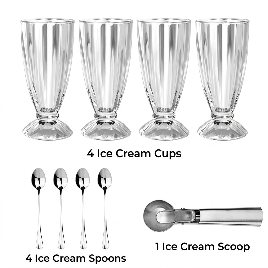 Le Regalo 9 Piece Ice Cream Set – Sundae Glasses, Scoop and Spoons Dessert Serving Kit