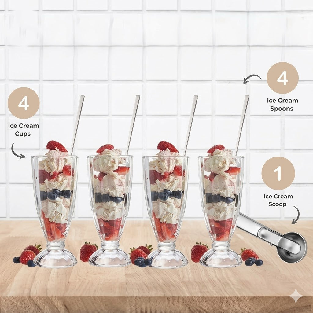 Le Regalo 9 Piece Ice Cream Set – Sundae Glasses, Scoop and Spoons Dessert Serving Kit