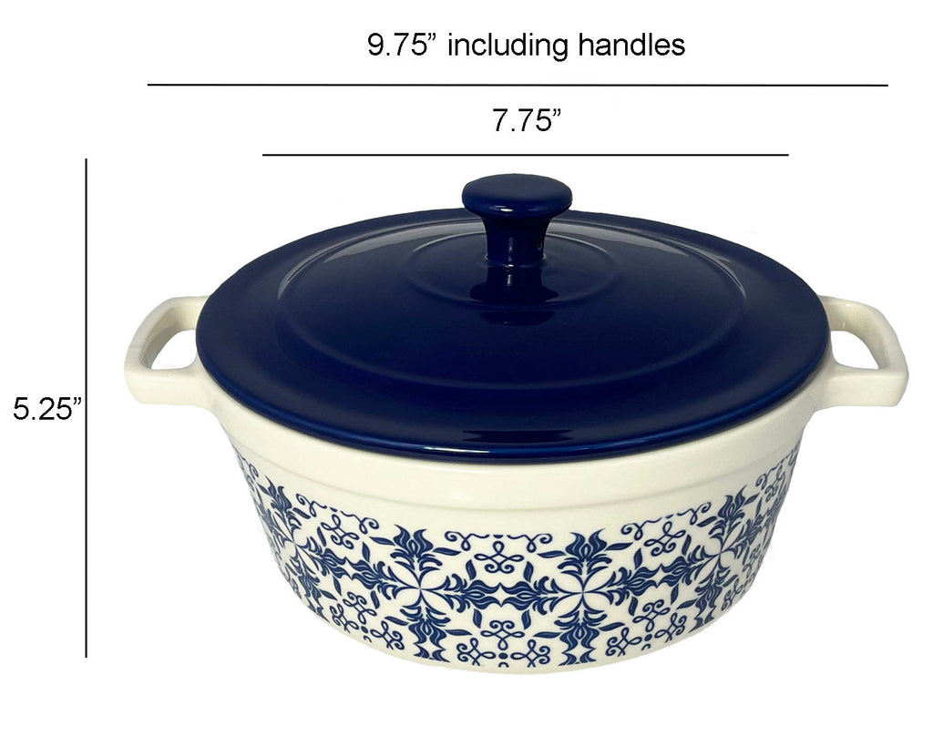 Le Regalo Stoneware Casserole with Lid – Filigree Design Microwave and Oven Safe Round Dish