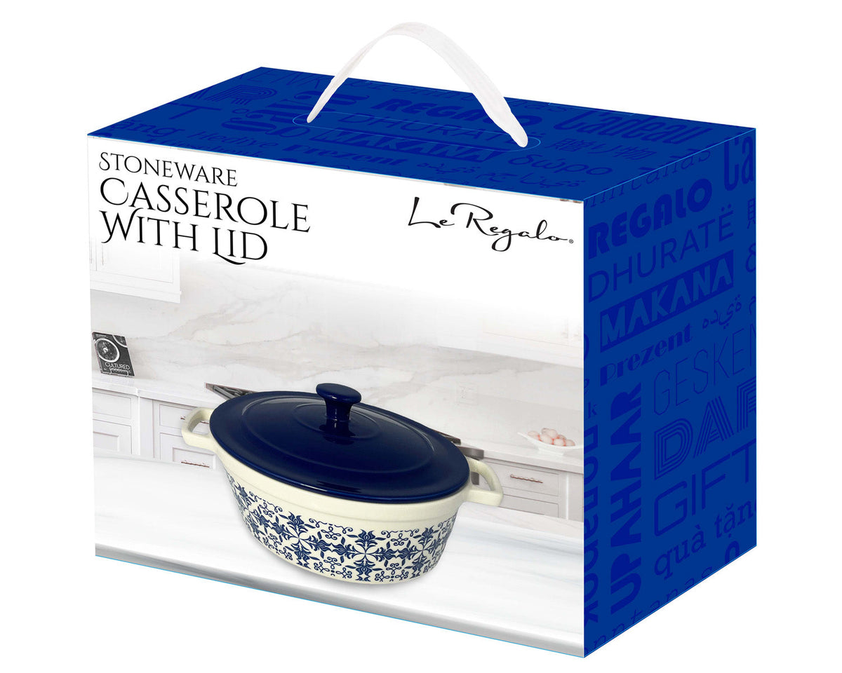 Le Regalo Stoneware Casserole with Lid – Filigree Design Microwave and Oven Safe Round Dish