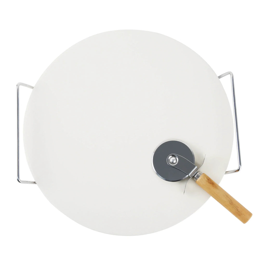 Le Regalo 3 Piece Pizza Stone Set – 13" Cordierite Stone with Rack, Cutter & Server