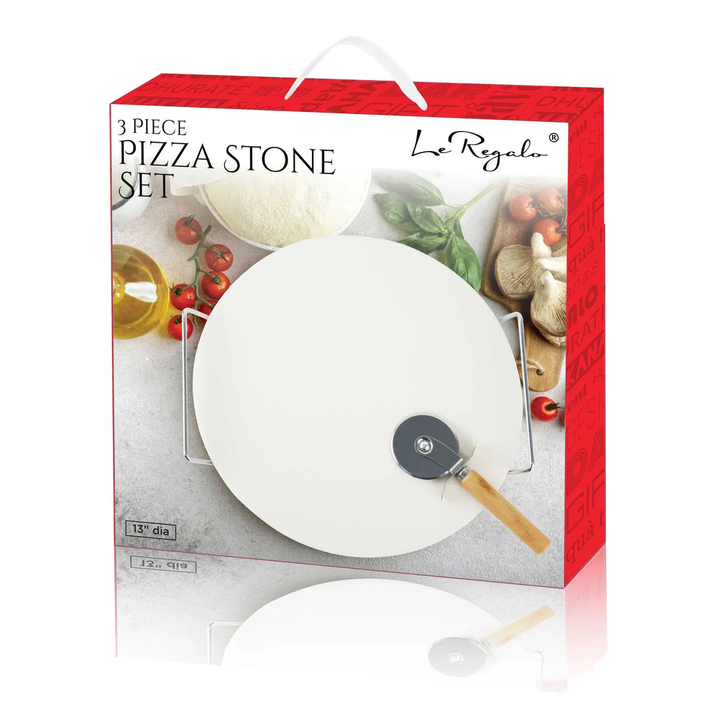 Le Regalo 3 Piece Pizza Stone Set – 13" Cordierite Stone with Rack, Cutter & Server
