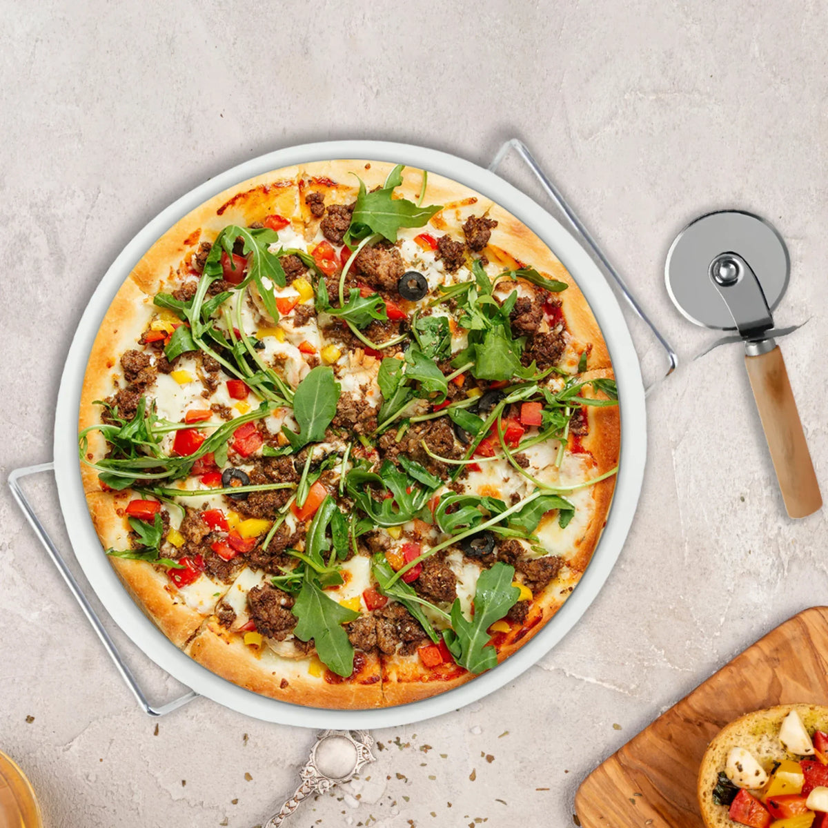 Le Regalo 3 Piece Pizza Stone Set – 13" Cordierite Stone with Rack, Cutter & Server