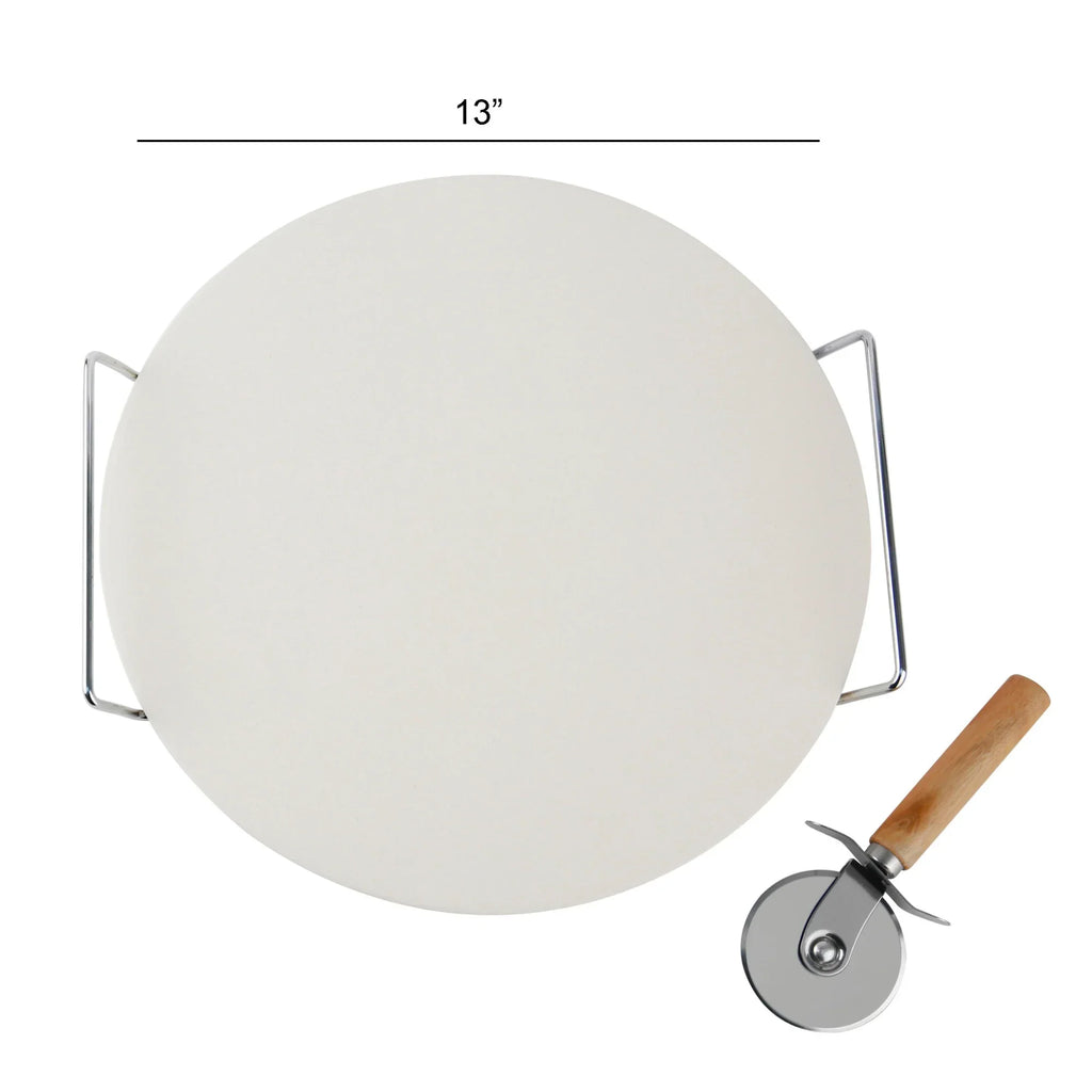 Le Regalo 3 Piece Pizza Stone Set – 13" Cordierite Stone with Rack, Cutter & Server