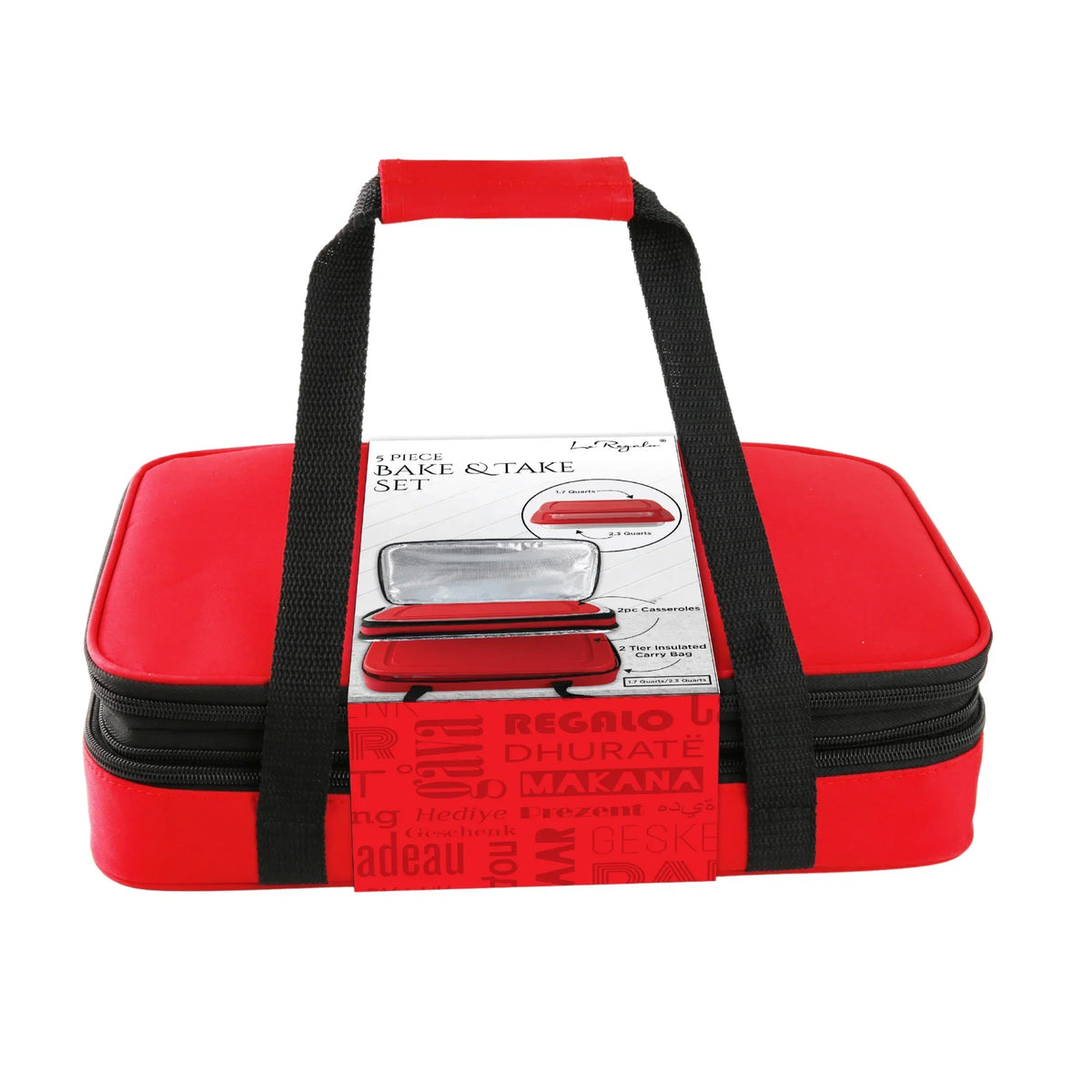Le Regalo 5 Piece Bake & Take Set – Borosilicate Glass Casseroles with Insulated Carriers