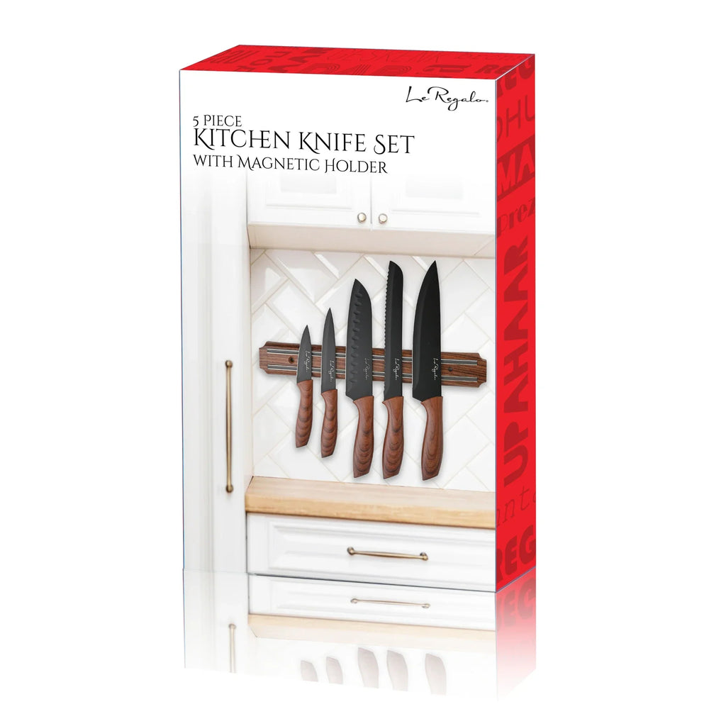 Le Regalo 5 Piece Kitchen Knife Set – Stainless Steel Blades with Magnetic Wall Holder
