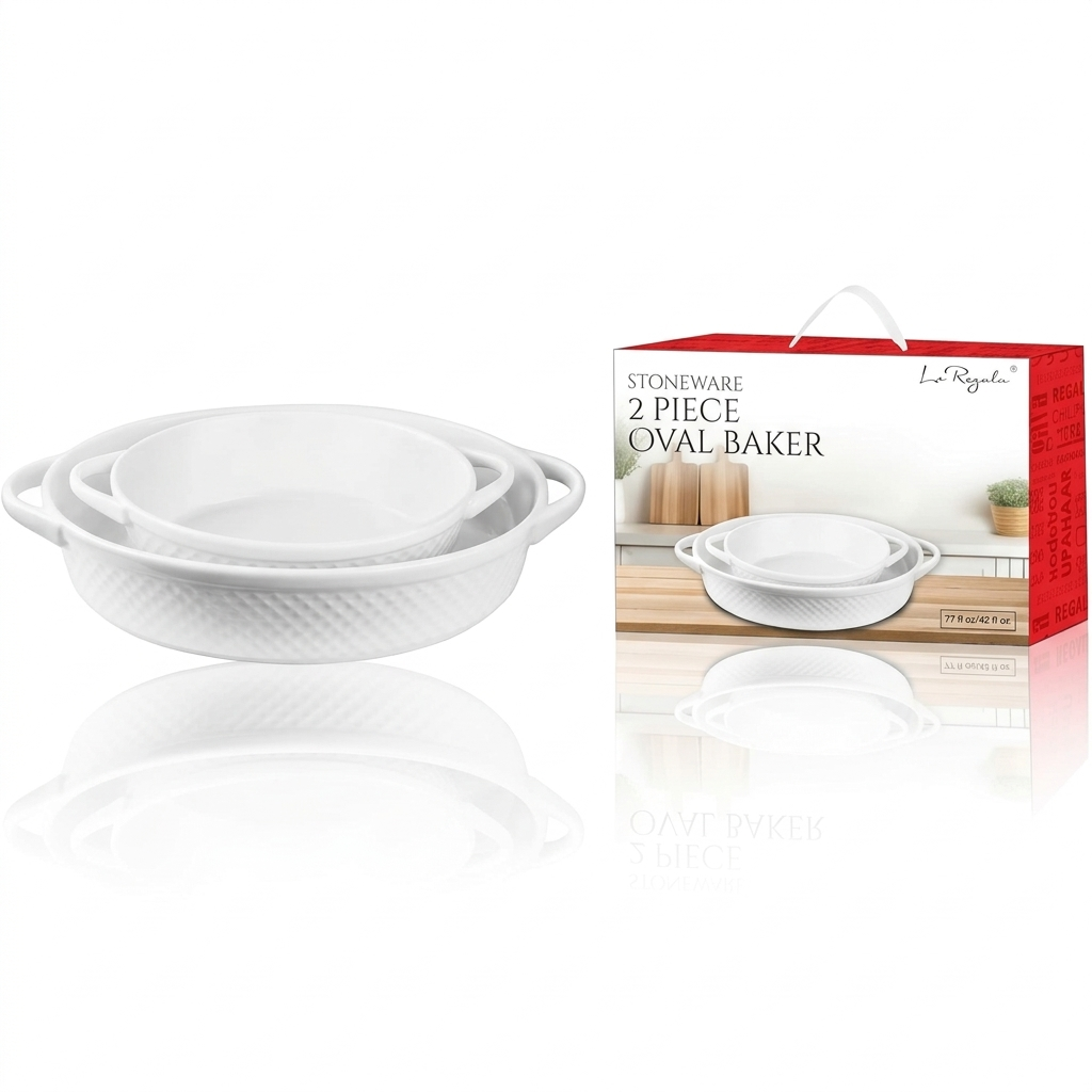 Le Regalo 2 Piece Stoneware Oval Baker Set – Honeycomb Design Nesting Baking Dishes