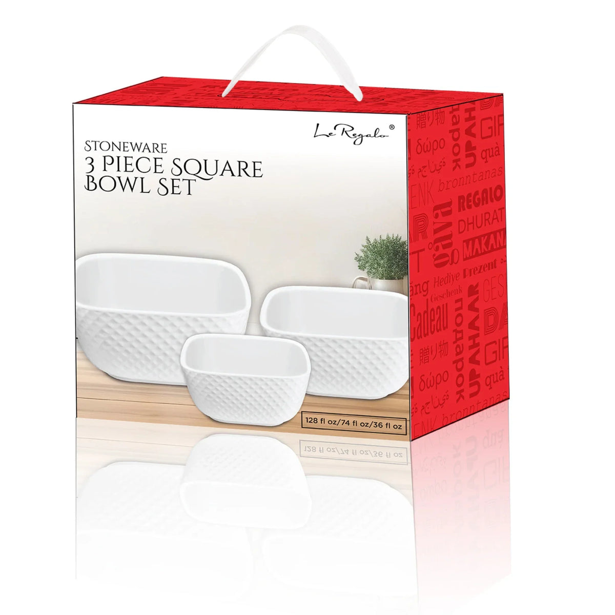Le Regalo 3 Piece Stoneware Square Bowl Set – Honeycomb Design, Oven & Microwave Safe