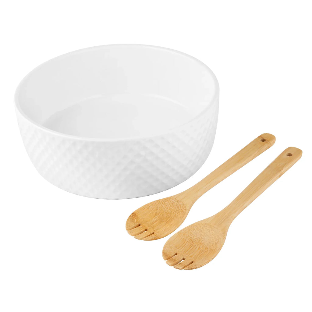 Le Regalo 3 Piece Salad Server Set – Large Stoneware Bowl with Serving Spork Set