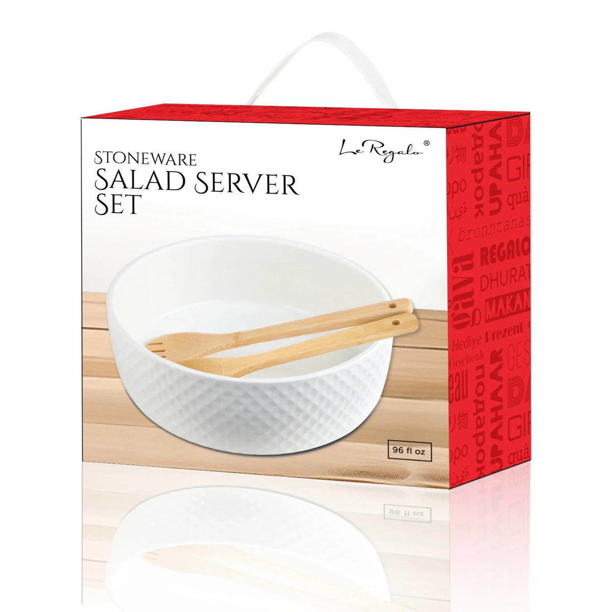 Le Regalo 3 Piece Salad Server Set – Large Stoneware Bowl with Serving Spork Set
