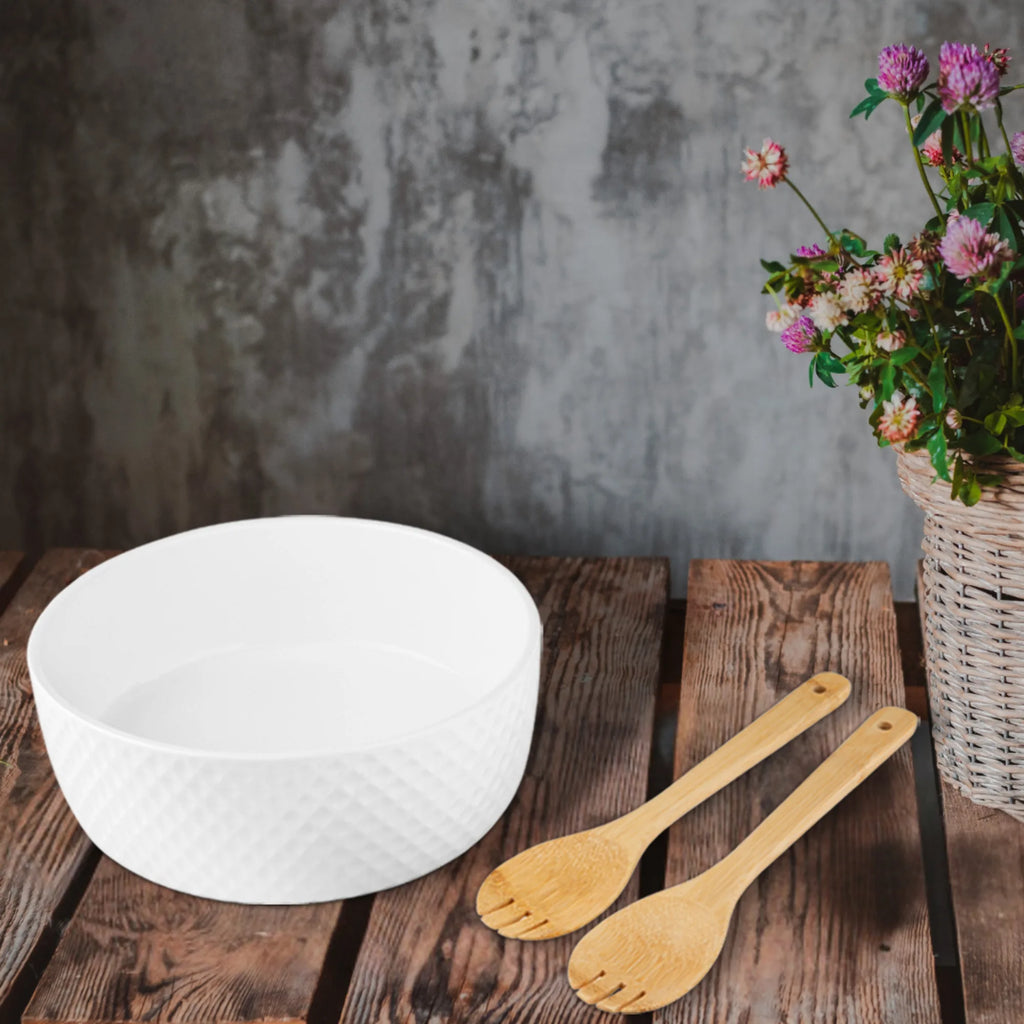 Le Regalo 3 Piece Salad Server Set – Large Stoneware Bowl with Serving Spork Set