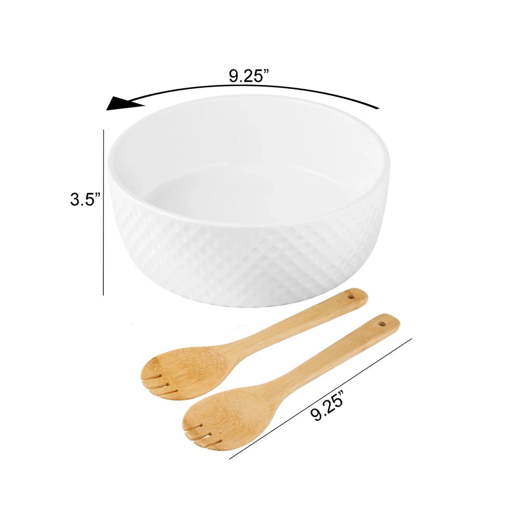 Le Regalo 3 Piece Salad Server Set – Large Stoneware Bowl with Serving Spork Set
