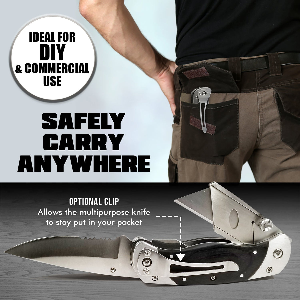 Premium Utility Knife, Folding Pocket Knife Combo, Box Cutter, Heavy Duty Dual Blades W/Belt Clip Gift Set for Dad Carpenter or Construction Worker