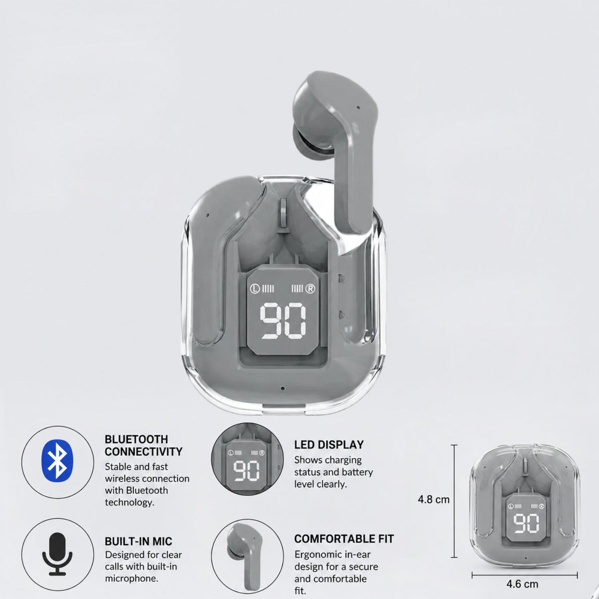 iEssentials True Wireless Earbuds with LED Battery Display – Bluetooth Earbuds, Grey