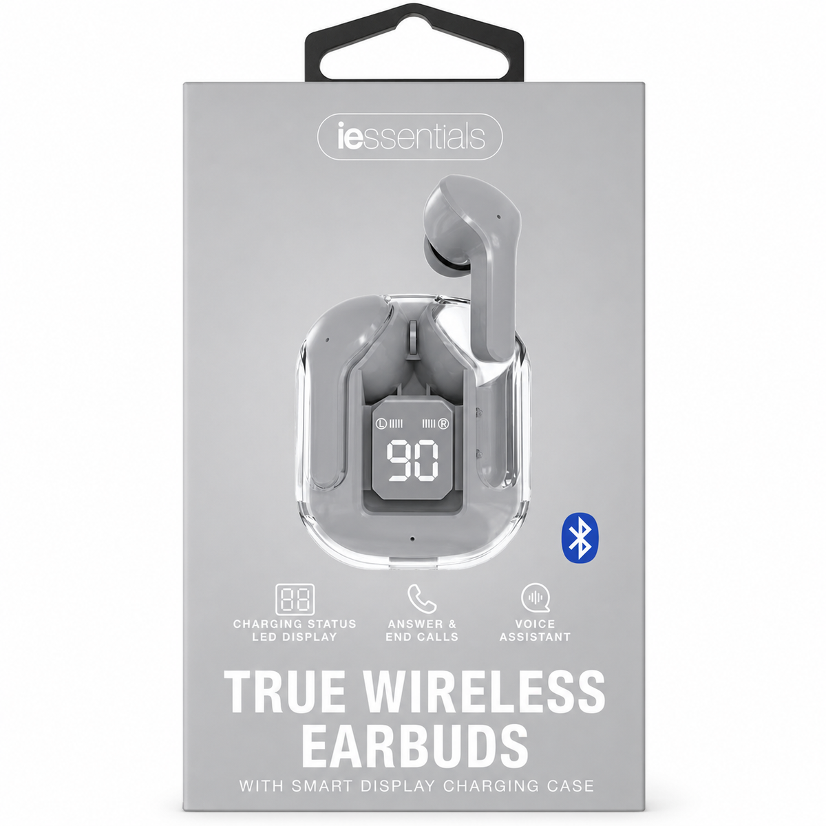 iEssentials True Wireless Earbuds with LED Battery Display – Bluetooth Earbuds, Grey