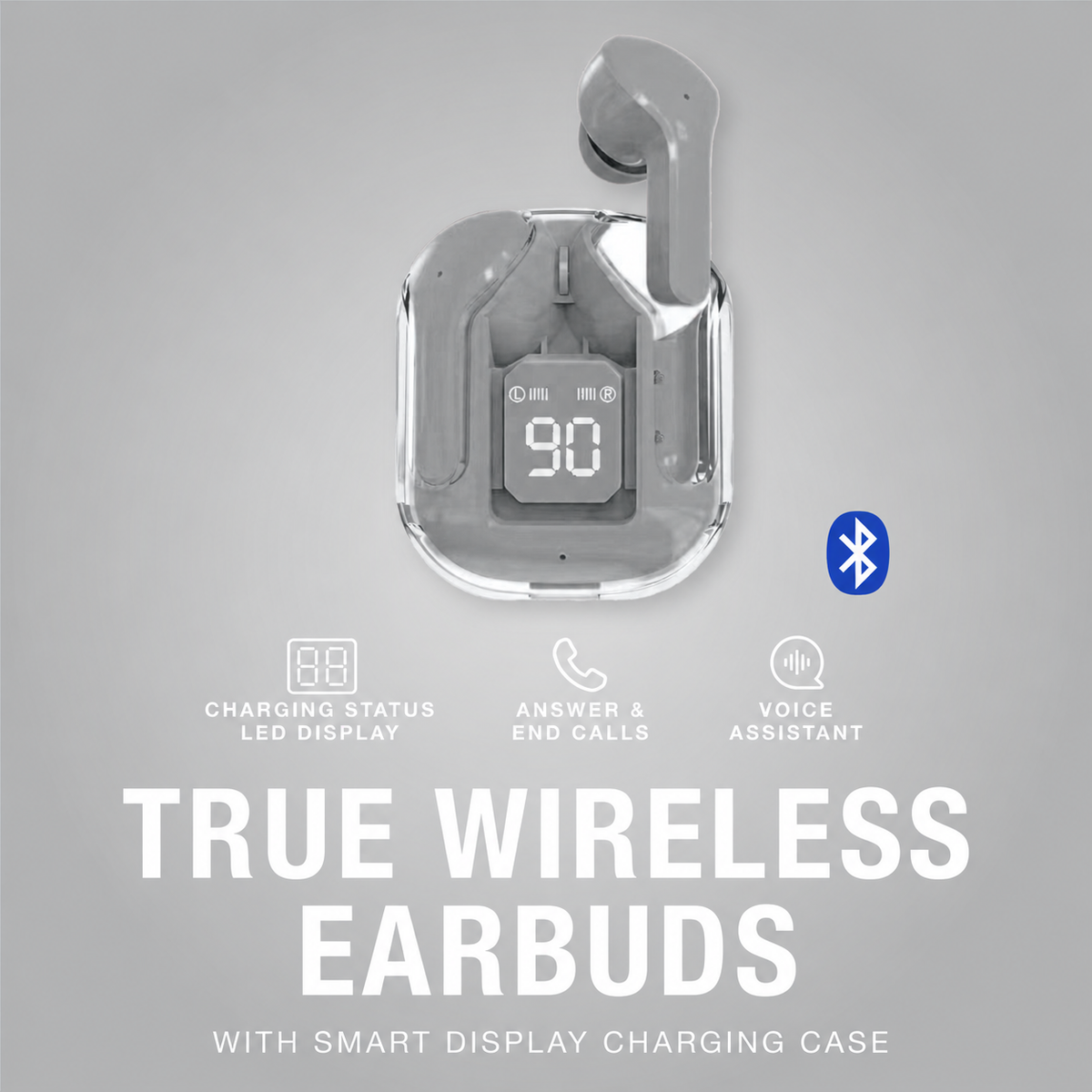 iEssentials True Wireless Earbuds with LED Battery Display – Bluetooth Earbuds, Grey