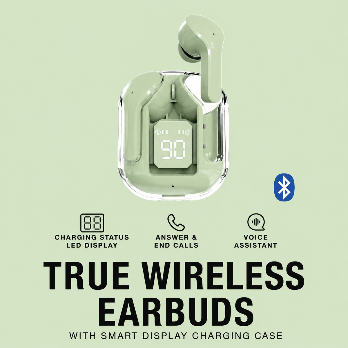 iEssentials True Wireless Earbuds with LED Battery Display – Bluetooth Earbuds, Green