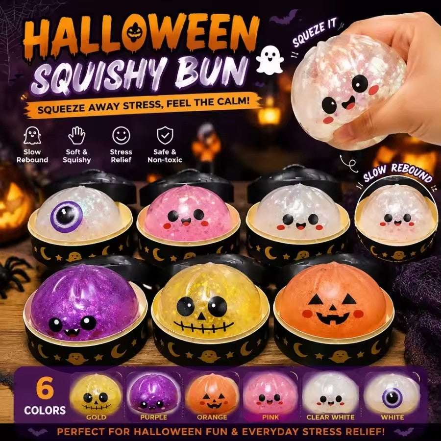 Halloween Squishy Bao 2-Pack Mystery Set – Jelly Gel Stress Relief Dumpling Squishies with Steamer Box | 6 Spooky Designs | 8.5cm