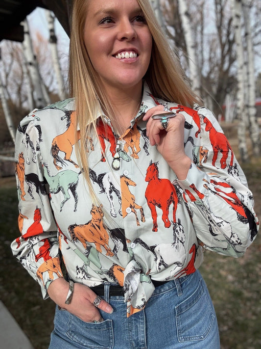 Off To The Races Horse Print Blouse - Mint