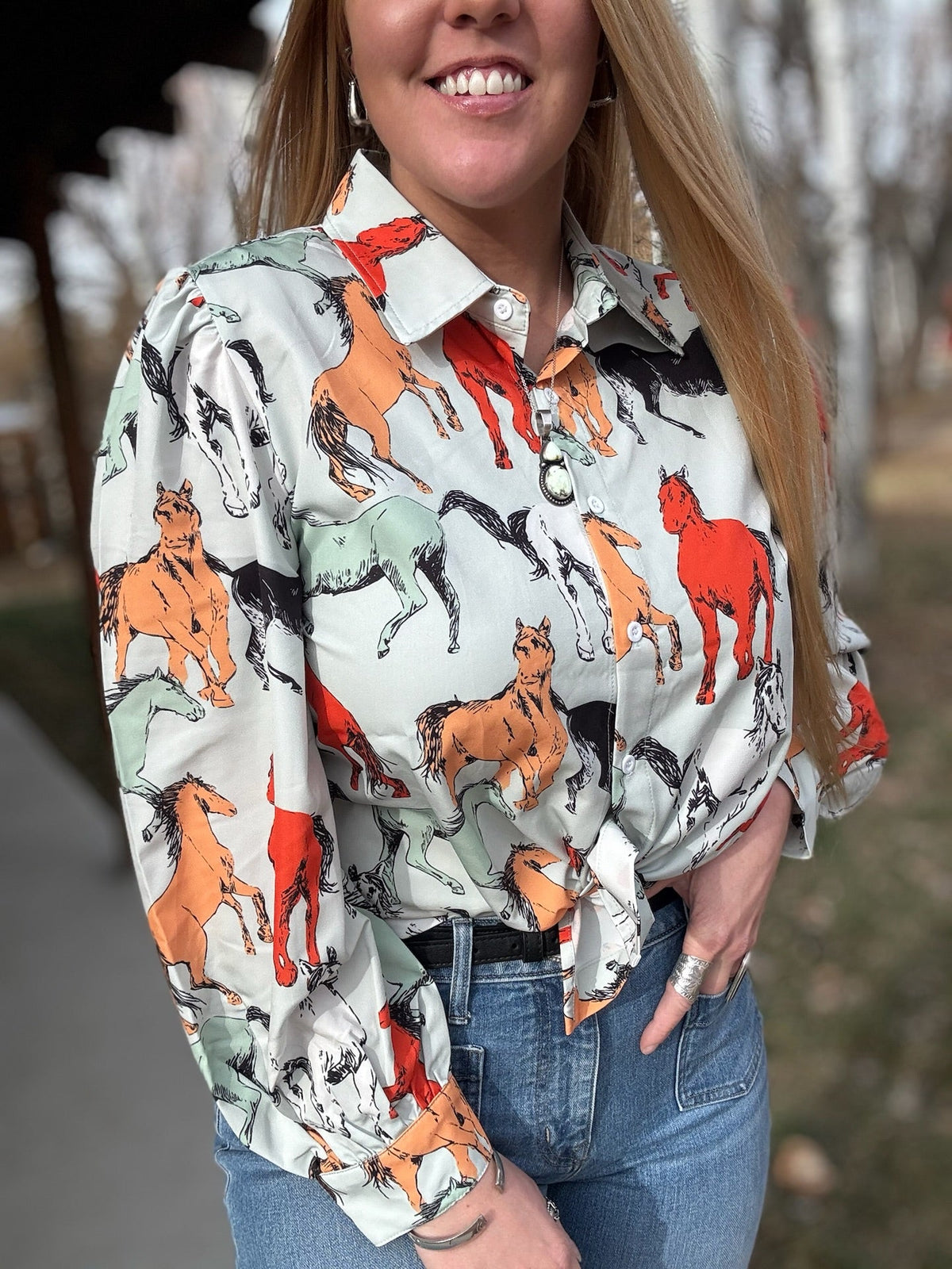 Off To The Races Horse Print Blouse - Mint