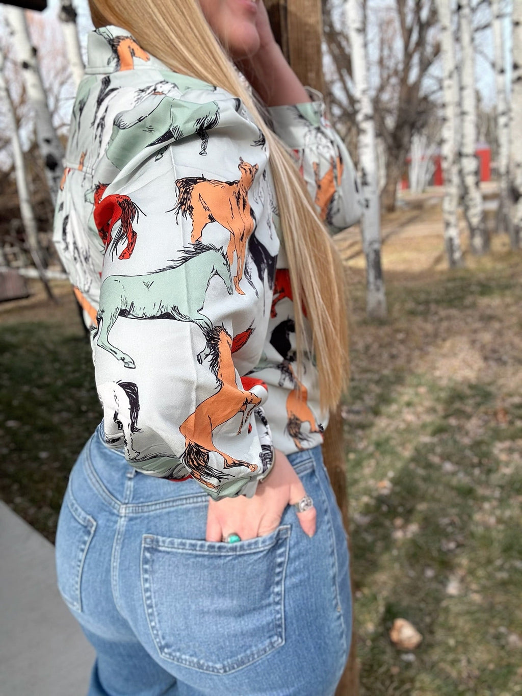 Off To The Races Horse Print Blouse - Mint