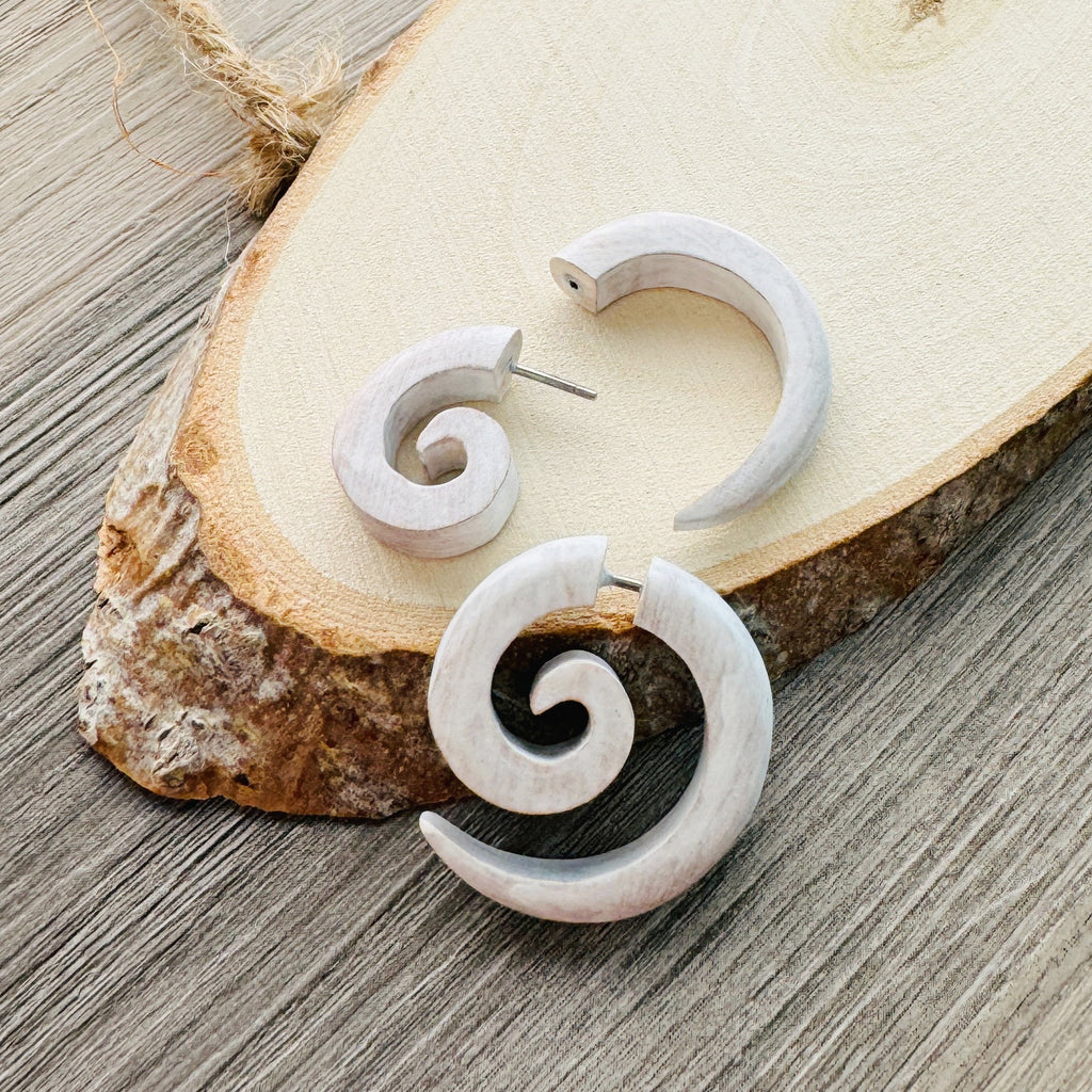 White Spiral or Hook Faux Gauge Earrings Boho Organic Wooden Post Stud Lightweight Tribal Jewelry