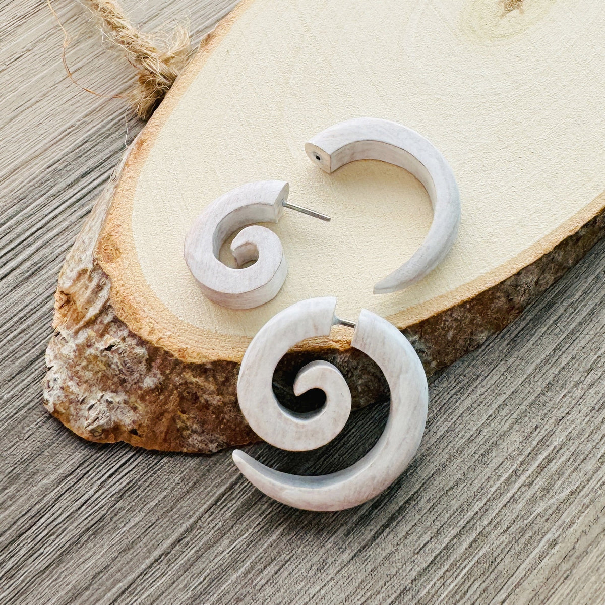 White Spiral or Hook Faux Gauge Earrings Boho Organic Wooden Post Stud Lightweight Tribal Jewelry