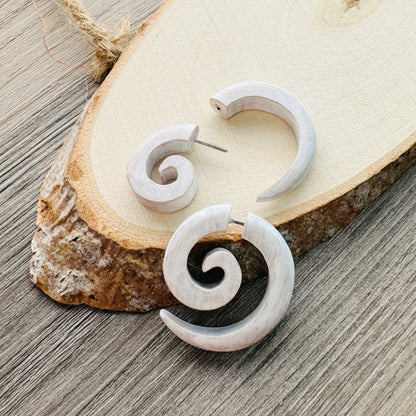 White Spiral or Hook Faux Gauge Earrings Boho Organic Wooden Post Stud Lightweight Tribal Jewelry