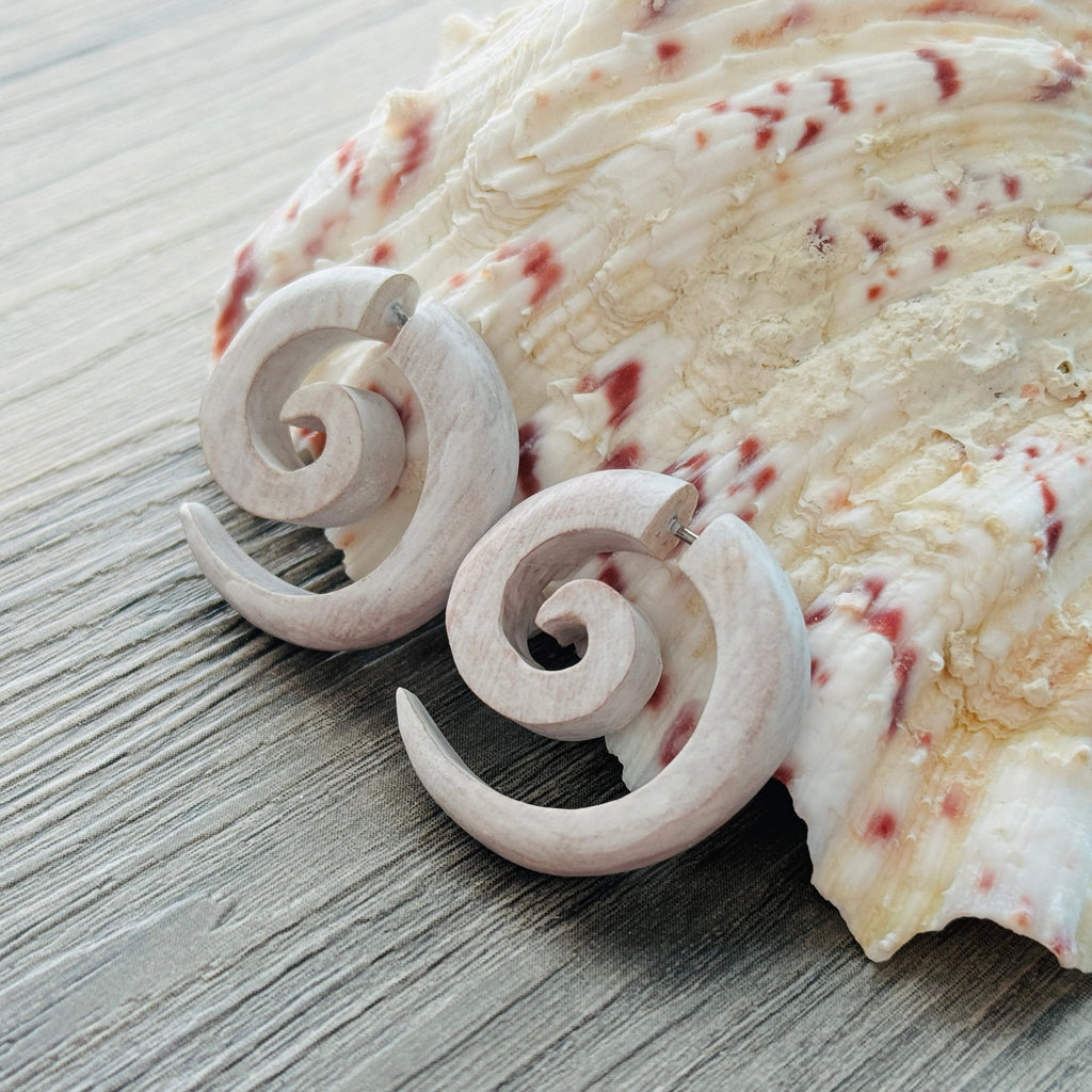 White Spiral or Hook Faux Gauge Earrings Boho Organic Wooden Post Stud Lightweight Tribal Jewelry