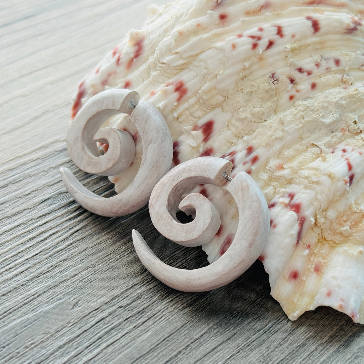 White Spiral or Hook Faux Gauge Earrings Boho Organic Wooden Post Stud Lightweight Tribal Jewelry