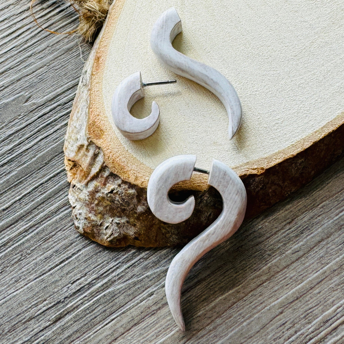 White Spiral or Hook Faux Gauge Earrings Boho Organic Wooden Post Stud Lightweight Tribal Jewelry