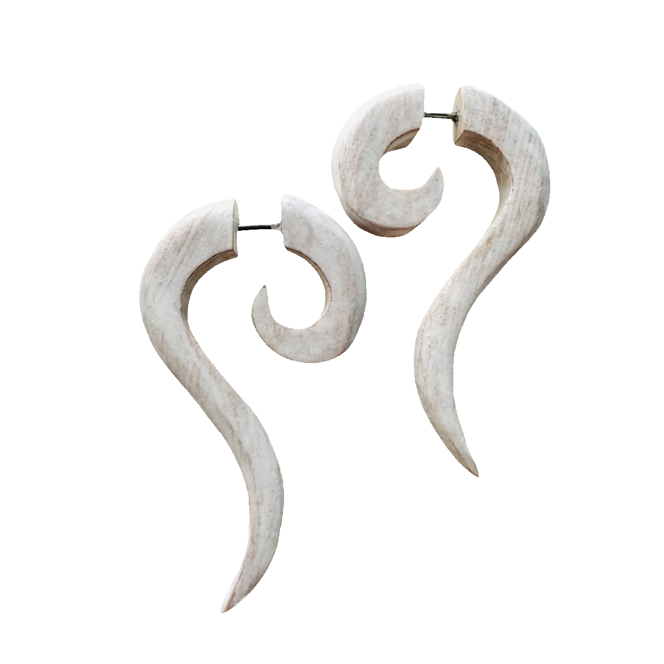 White Spiral or Hook Faux Gauge Earrings Boho Organic Wooden Post Stud Lightweight Tribal Jewelry